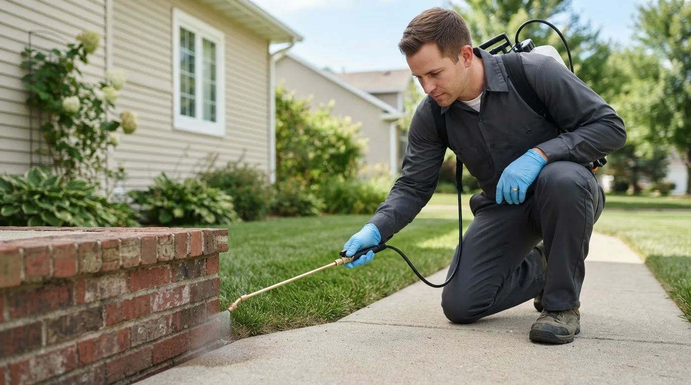 Pest control technician treating a home near Ness City, KS